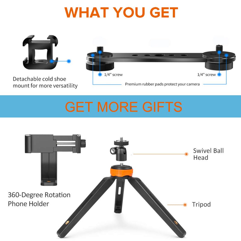Triple Cold Shoe Extension Bar Bracket with 1/4 3/8 Adapter, Gimbal Video Light Microphone Mount with Phone Tripod, Compatible for DJI OSMO Mobile 3 4, Zhiyun Smooth 4 Q, Feiyu Stabilizer Accessories