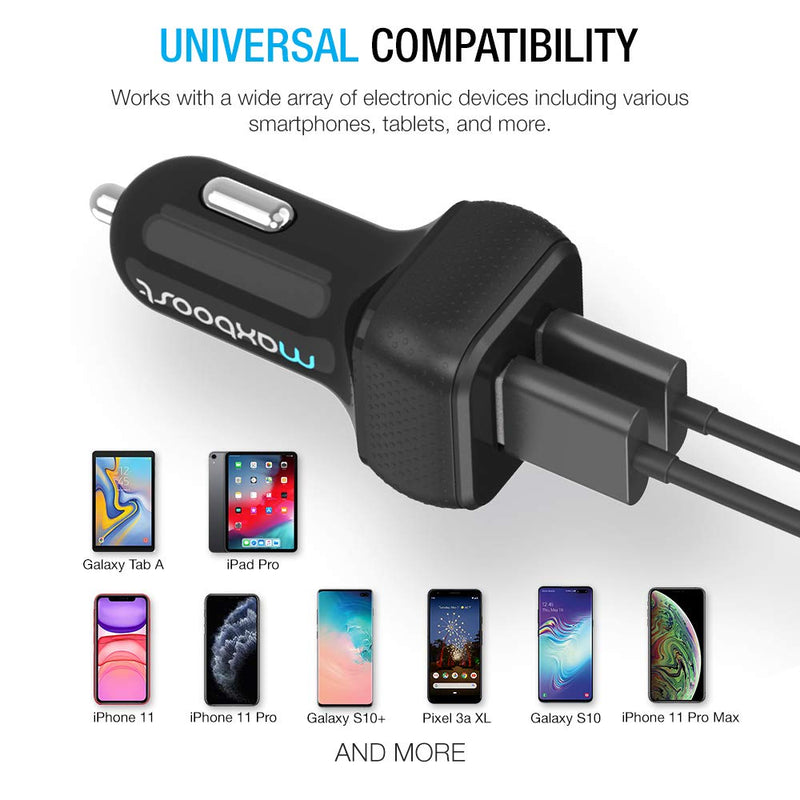 Maxboost Car Charger with SmartUSB Port 4.8A/24W [Black] Charger Adapter Compatible with iPhone 12 11 Pro Max/XS Max/XR/XS/X/8/7/Plus,Galaxy S20 Ultra/S10/S10+/S10e/Note,LG,Air,Mini,Huawei, Moto,Pixel Black/Black