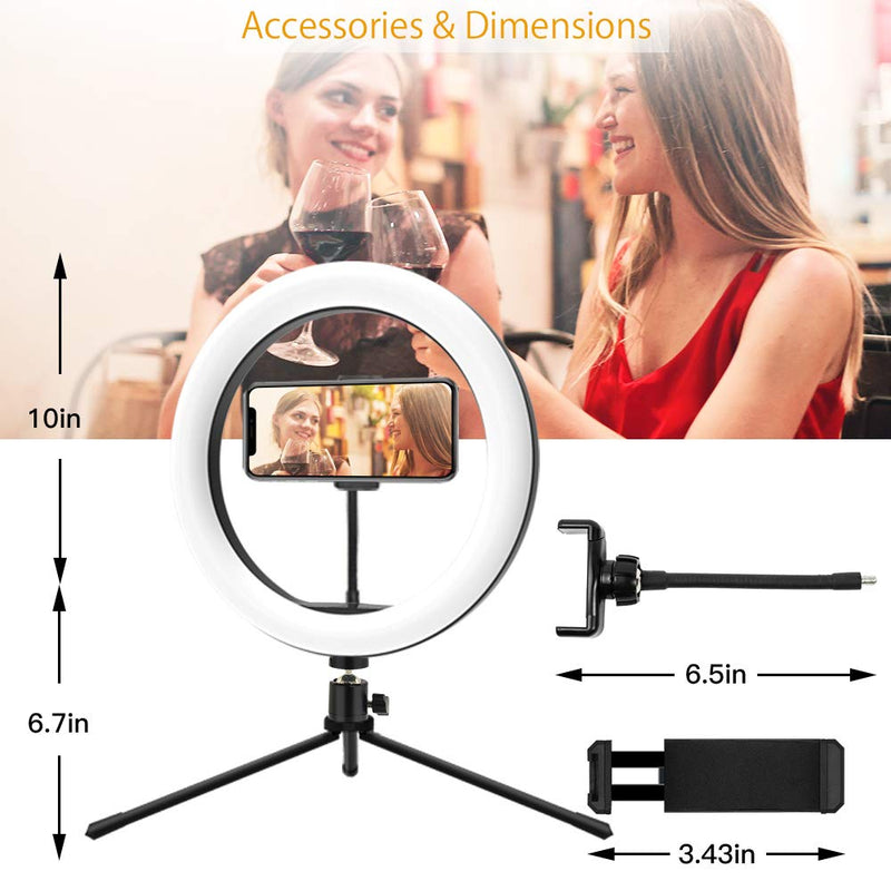 Mountdog 10" Selfie Circle Ring Light with Stand and Phone Holder Dimmable 3 Light Modes&11 Brightness Levels Remote Control Desktop USB for Photography Makeup YouTube Video Live Streaming