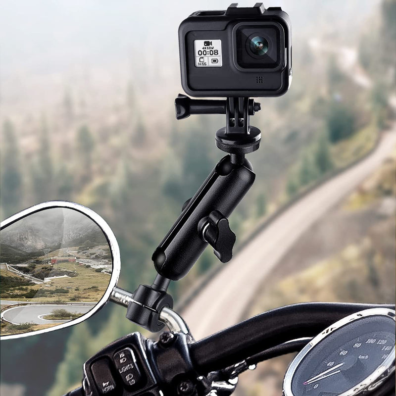 Motor Handle Bar Bracket Mount 360° Rotation Aluminum Alloy Motorcycle Rearview Mirror Holder Stand for GoPro Hero 8 7 6 5 4, Xiaoyi，SJCAM, APEMAN, AKASO, DJI Osmo Aciton Camera