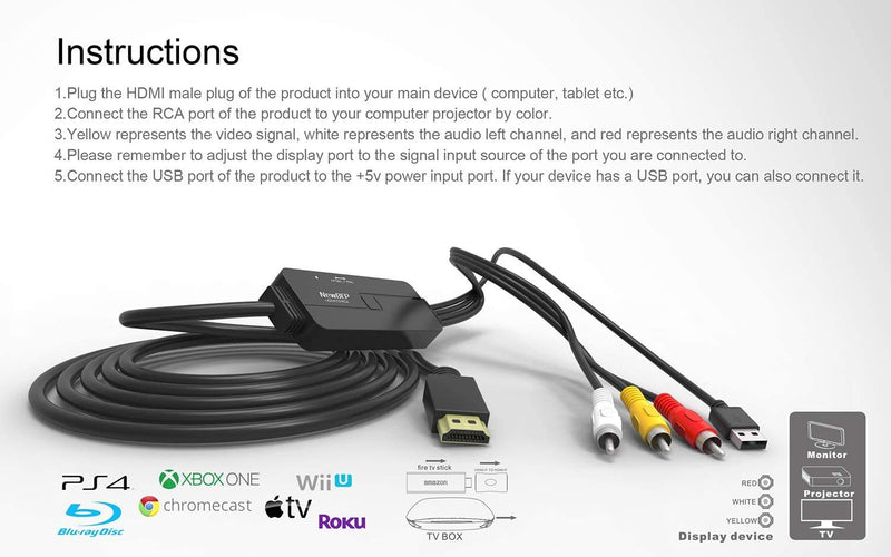 NewBEP HDMI to RCA Cable, HDMI Male to 3RCA/AV Converter Adapter HDMI Signal to Analog AV CVBS for Fire TV. Roku,DVD,HDTV,PC,Laptop,Xbox,PS4