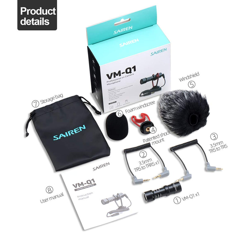 SAIREN VM-Q1 Shotgun Video Microphone, Compact On-Camera Recording Mic, with Shock Mount DeadCat Windscreen, Universal for iPhone Samsung Smartphone; Sony/Canon/Nikon Camera; DJI OSMO Mobile 3 Gimbal