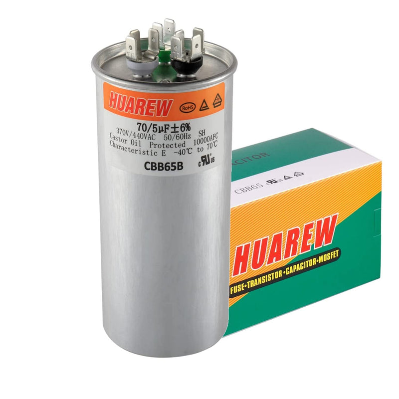 HUAREW 70+5 uF ±6% 70/5 MFD 370/440 VAC CBB65 Dual Run Start Round Capacitor for Condenser Straight Cool or Heat Pump Air Conditioner or AC Motor and Fan Starting