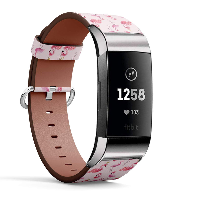Compatible with Fitbit Charge 3 & 3 SE - Leather Wristband Bracelet Replacement Accessory Band (Includes Adapters) - Flamingo Watercolor On
