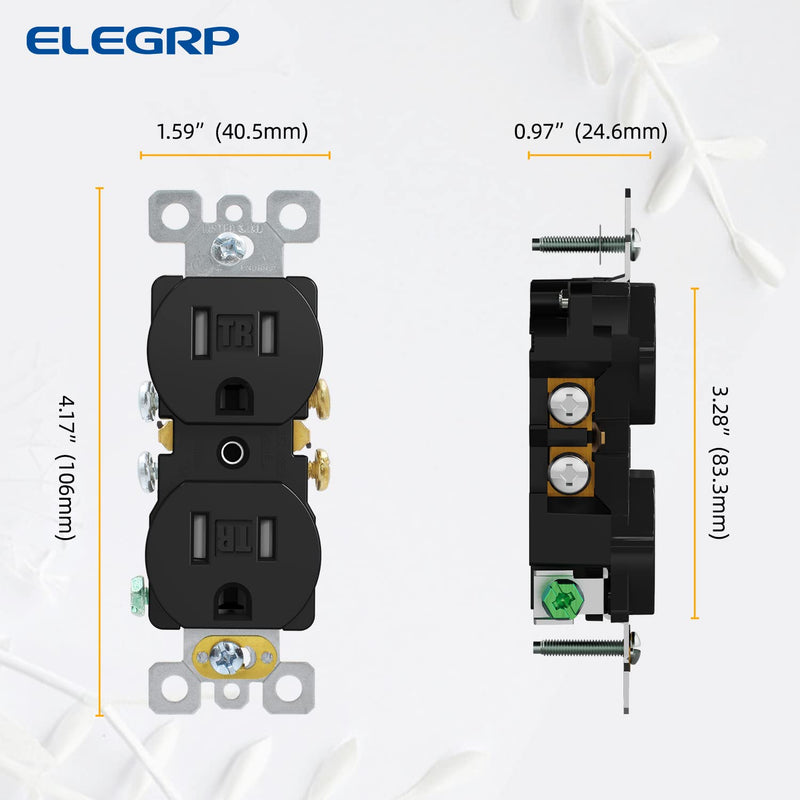 ELEGRP Tamper-Resistant Duplex Receptacle, 15A 125V Standard Electrical Duplex Wall Outlet, 2 Pole 3 Wire, 5-15R, Self-Grounding, Residential Grade Straight Blade, UL (Glossy Black, 10 Pack) TR Outlet