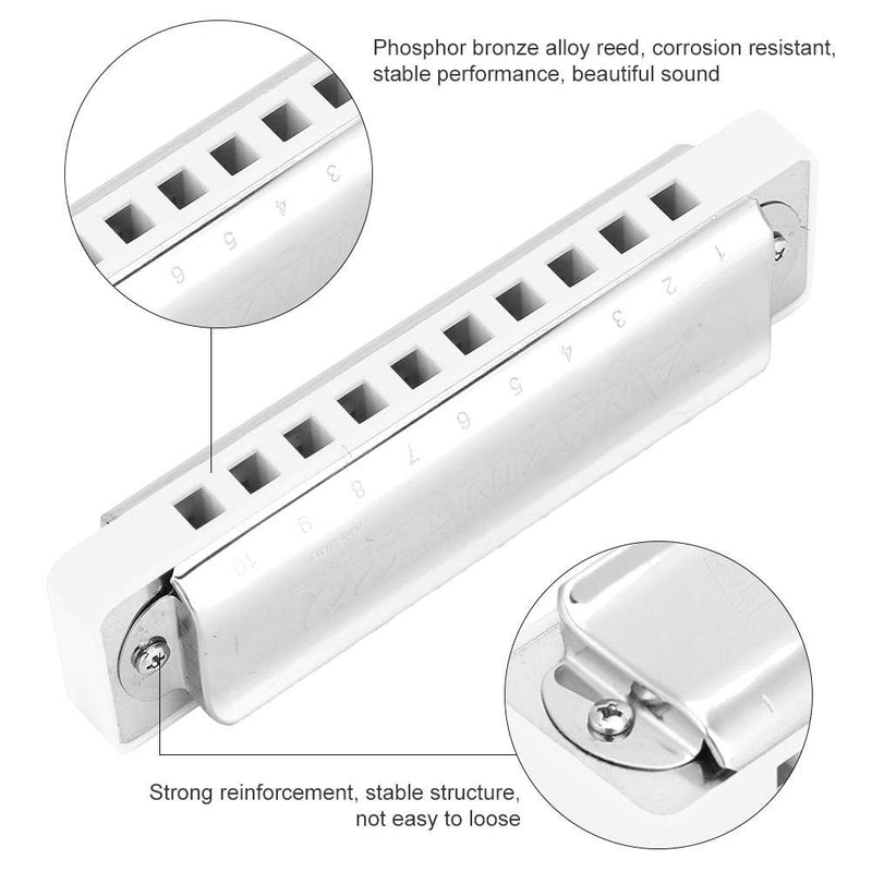 KONGSHENG AM-20D Key of C Phosphor Bronze Reed 10 Hole 20 Tone Blues Harmonica Suitable for Beginners, Kids and Adults.(white) white