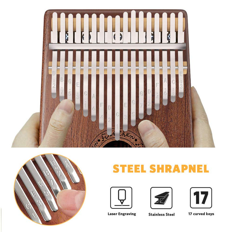 Kalimba 17 Key Finger Piano, Mbira Mahogany and Ore Metal Tines Thumb Piano, Portable Musical Instrument Gifts for Kids and Adults Beginners by FINETHER
