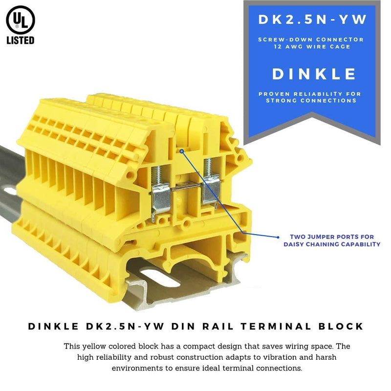 Dinkle Yellow DK2.5N-YW DIN Rail Terminal Block Screw Type UL 600V 20A 12-22AWG, Pack of 50