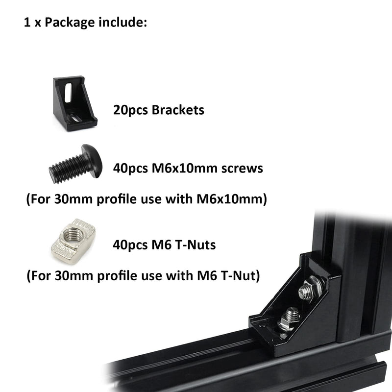 3030 Series Aluminum Profile Connector Set, 20pcs Black Corner Bracket, 40pcs M6 T Nuts and M6X10 Hex Screw Bolt for 30S 30X30 Aluminum Extrusion Profiles Rail Accessories