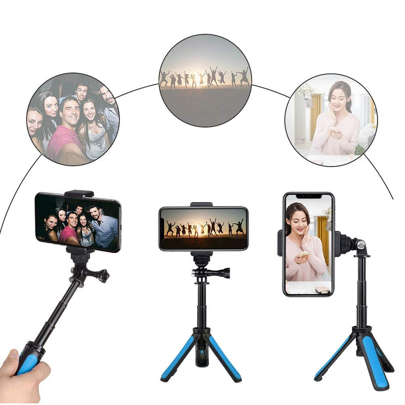 Taisioner Mini Selfie Stick Tripod Kit Two in One Compatible with GoPro AKASO Action Camera and Cell Phone Accessories Blue