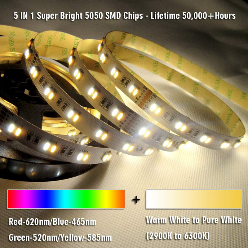 [AUSTRALIA] - 24VDC RGB+CCT 5 Chips in 1 Super Bright LEDs Flexible LED Strip Lights, High CRI 85 Color Changing+Tunable White Non-Waterproof 5050 RGBWW LED Tape Lights, 300LEDs 16.4feet Roll for Home Lighting 