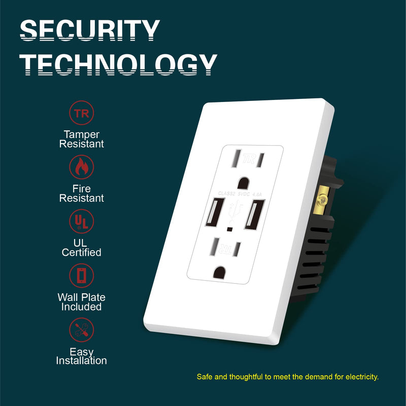 [AUSTRALIA] - TOPELER 2Pack USB Wall Outlet, 4.8A High Speed USB Ports with Smart Chip, 15A Tamper Resistant Electrical Receptacle Socket, Screwless Wall Plate Included, UL & FCC Approved White 