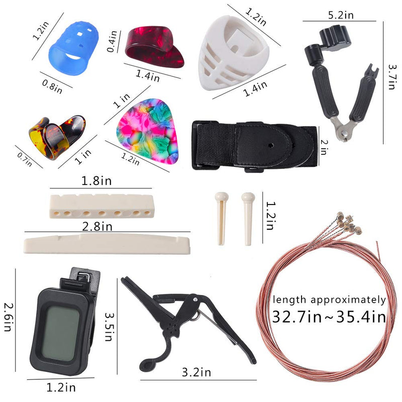 Guitar Accessories Kit Include Guitar Strings, Guitar Picks,Guitar Bridge Nut & Saddle，Bridge Pins, Tuner, Capo，Strap，Pick Holder, Restring Tool，Finger Protector，Finger Guitar Picks