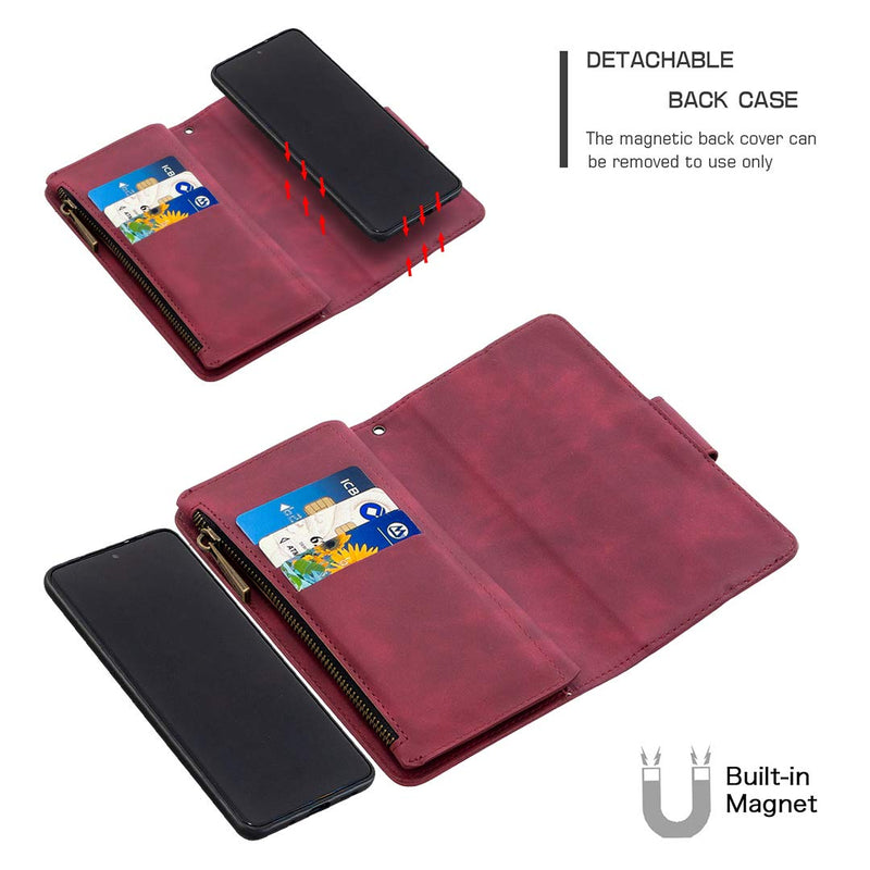 POPUPE for Samsung Galaxy Note 20 Ultra Case, [Magnetic Detachable Back Case][Zipper Cash Storage][9 Slots& Wrist Strap][Kickstand Feature] Leather Wallet Skin-Friendly Case (Red) Red