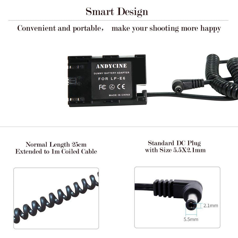 ANDYCINE DC Dummy Battery LP-E6 for Canon Compatible with Canon 5D4, 5DSR, 5D2, 5D3, 6D, 60D, 7D, 7D2, 70D, 7D Mark II, 80D, 6D2 Cameras E6