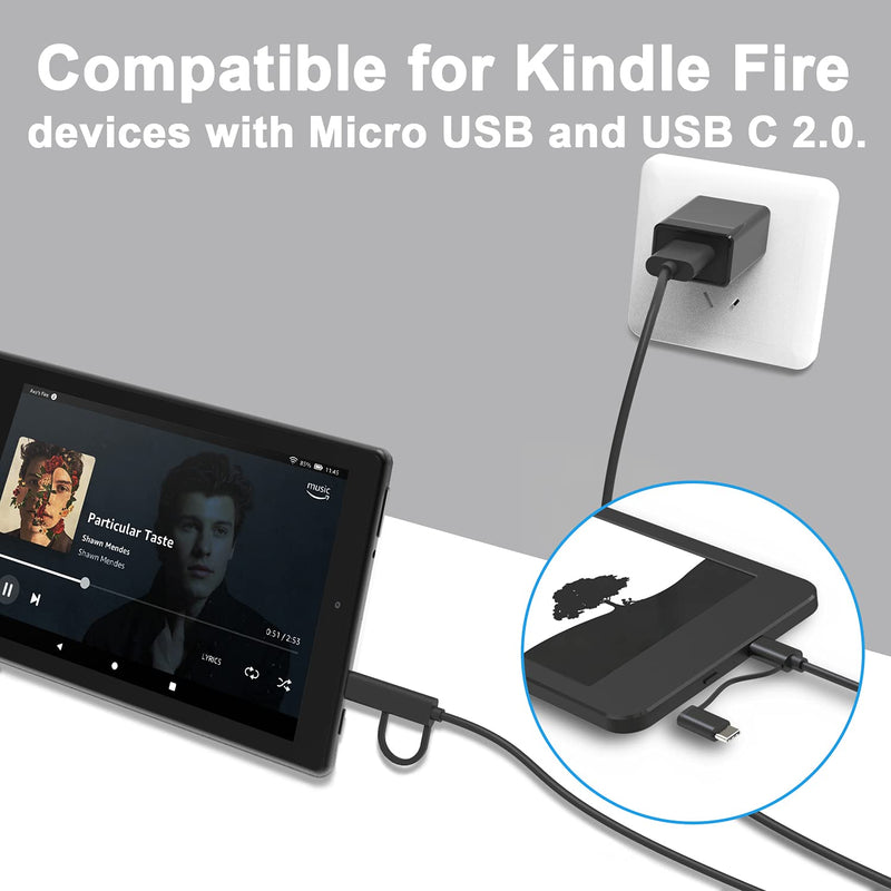 Charger [UL Listed] Compatible for Amazon Kindle Fire HD 10 9th Generation 2019 Release, Fire HDX 6" 7" 8.9" 9.7", Fire 7 HD 8 10 Tablet and Phone with 5FT Micro-USB & USB C 2 in 1 Cable