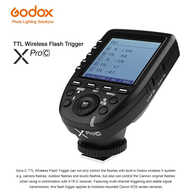 Godox Xpro-C TTL Wireless Flash Trigger for Canon 1/8000s HSS TTL-Convert-Manual Function Large Screen Slanted Design 5 Dedicated Group Buttons 11 Customizable Functions