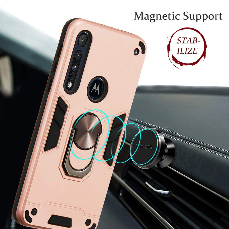 Compatible with Motorola Moto G8 Play Case, One Macro Cover Military Grade Phone Case with 360 Degree Rotating Holder Kickstand Support Magnetic Car Mount Rose Gold Moto G8 Play/One Macro