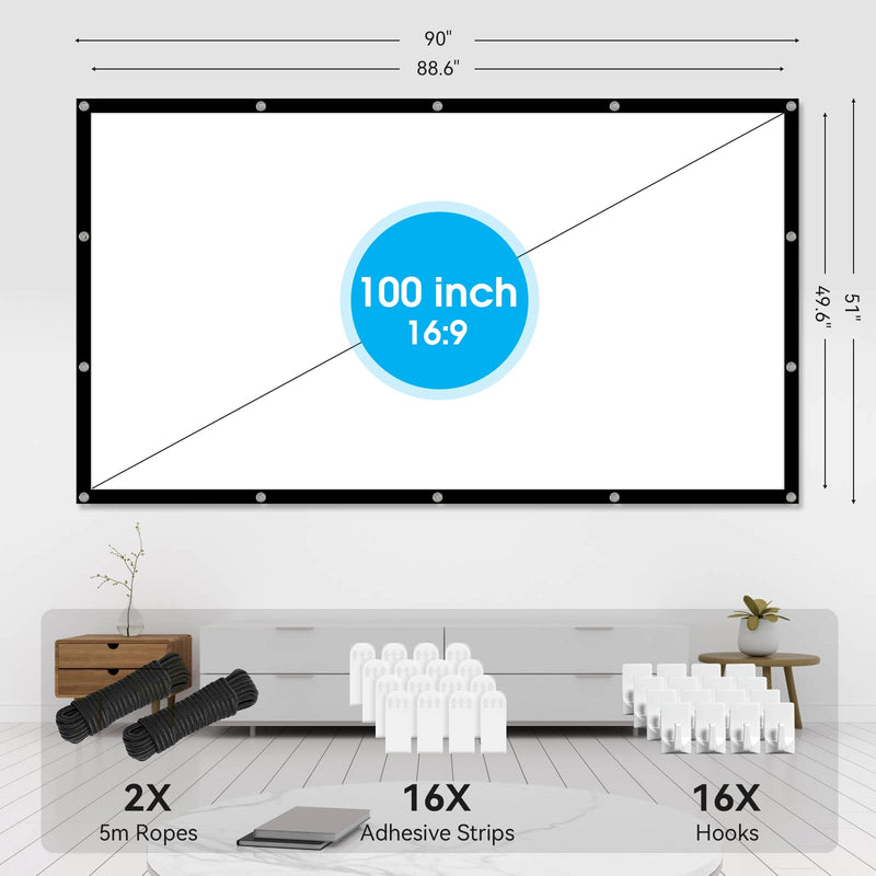Frocopo 100 inch Projection Screens, Double Sided Washable Outdoor Projection Screen, 16:9 Foldable Anti-Crease Portable Projector Movies Screens for Camping Party, Home Theater, Office