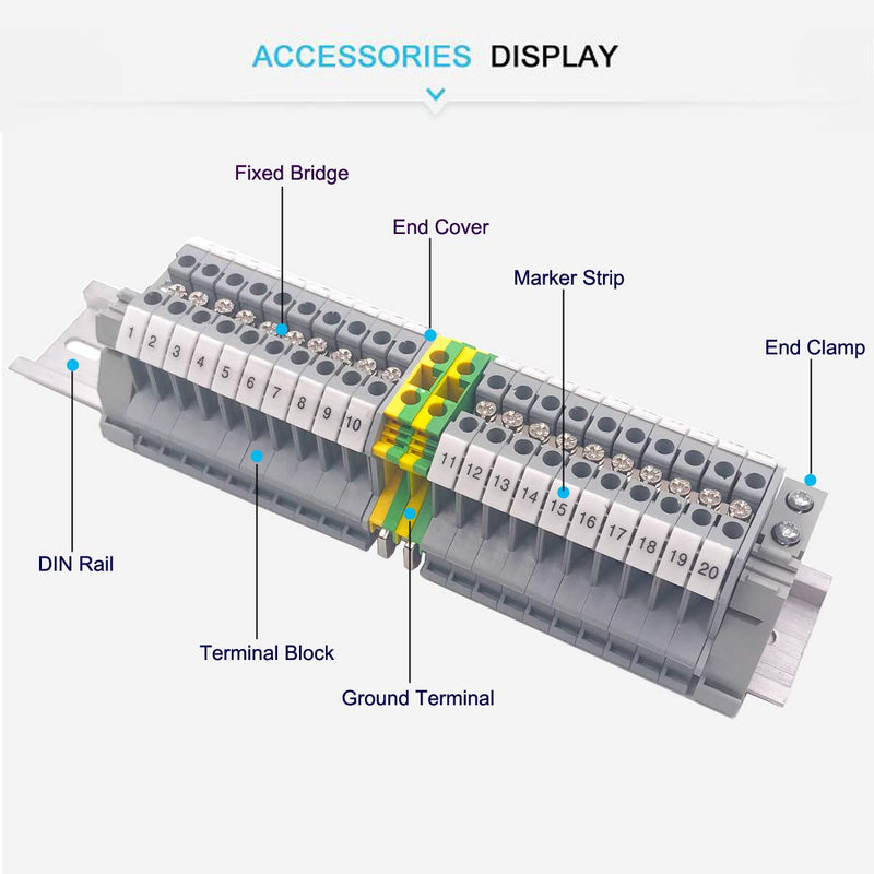 Erayco DIN Rail Terminal Blocks Kit, 20Pcs UK-2.5N 12 AWG Terminal Blocks, 2Pcs Ground Blocks, 2Pcs Fixed Bridge Jumpers, 4Pcs End Brackets, 4Pcs End Covers, 4Pcs Marker Strip, 1Pcs 8" Aluminum Rail