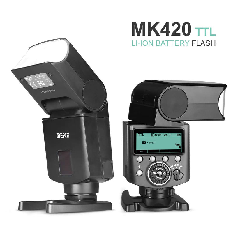 Meike MK420N TTL Li-ion Battery Camera Flash Speedlite with LCD Display Compatible with Nikon D850 D810 D3400 D3300 Z6 Z7 and Other DSLR Cameras + Lithium Battery +Diffuser+Battery Charger