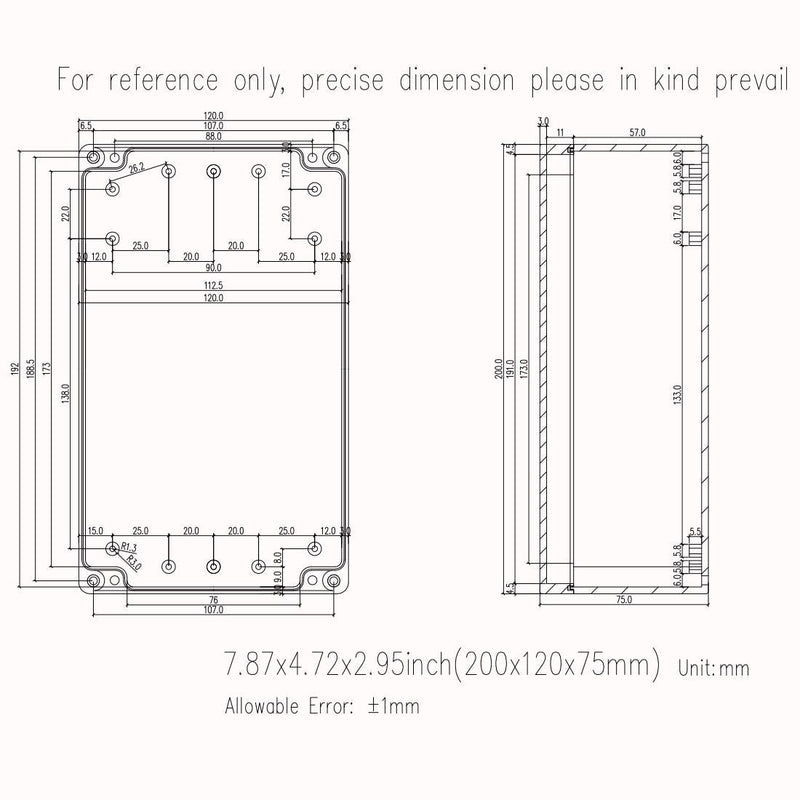 Zulkit Waterproof Plastic Project Box ABS IP65 Electrical Junction Box Enclosure Black 7.87 x 4.72 x 2.95 inch (200 x 120 x 75mm) 7.87" x 4.72" x 2.95"(Pack of 1)