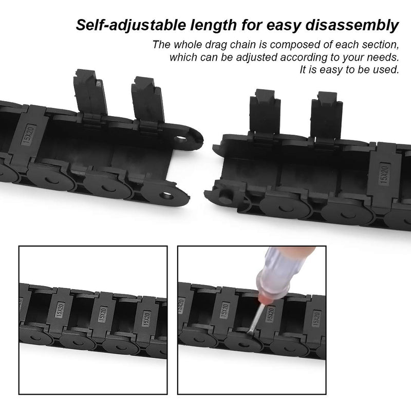 LMioEtool R28/38 15mm x 20mm(Inner H x Inner W) Black Plastic Cable Wire Carrier Drag Chain 1M Length for CNC, with End Connectors - Semi Enclosed Type (Inner Side openable) 15*20B