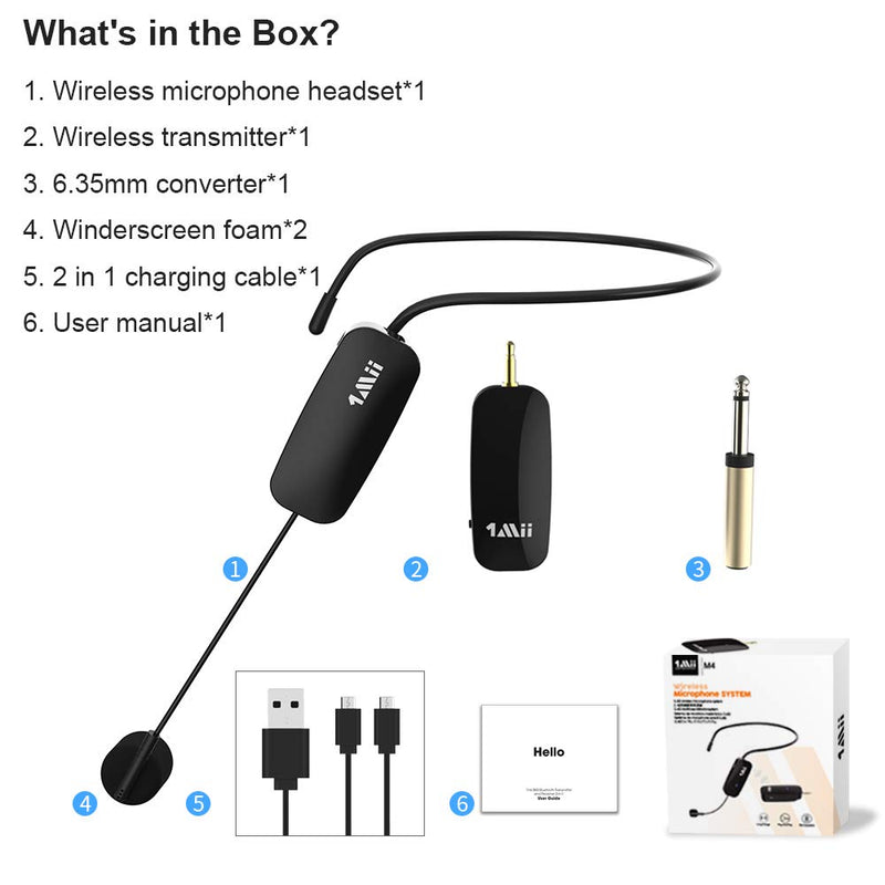 [AUSTRALIA] - 1Mii Long Range Wireless Microphone, Wireless Headset Mic System,160ft Range, 2.4G Wireless Microphone 2 in 1，Fitness Microphone Headset for Speakers, Voice Amplifier, PA Speakers 