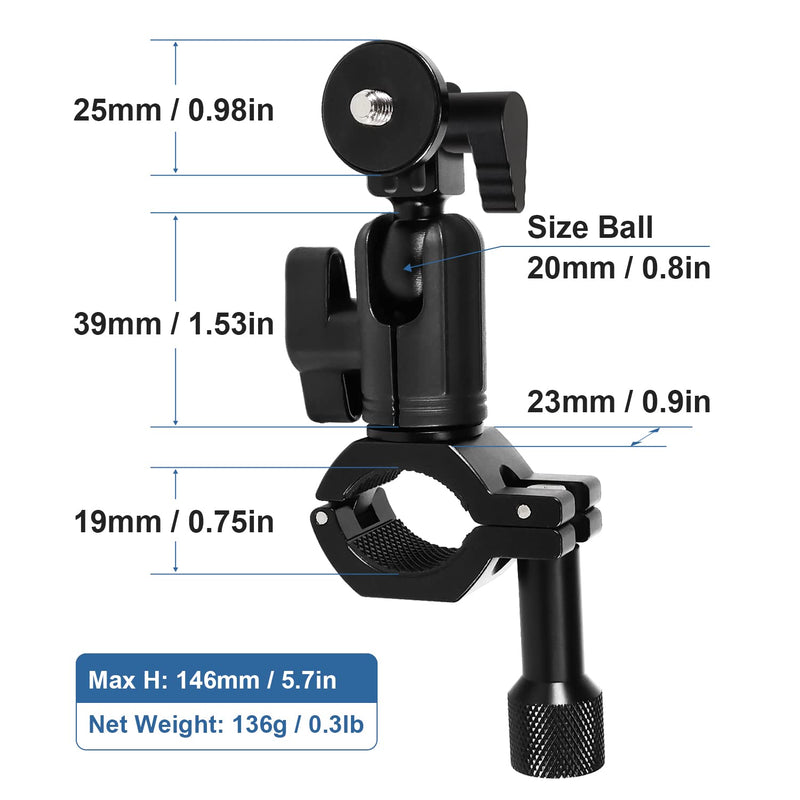 YUSEN 0.75-1.2inch Handlebar/Seatpost/Pole Mount with 1/4&360° Rotation,Perfect All-Aluminum Bike/Motorcycle Handlebars for Go Pro Hero 10/9/8/7/6/5/4/3/2,DJI Osmo Action AKASO (Black)