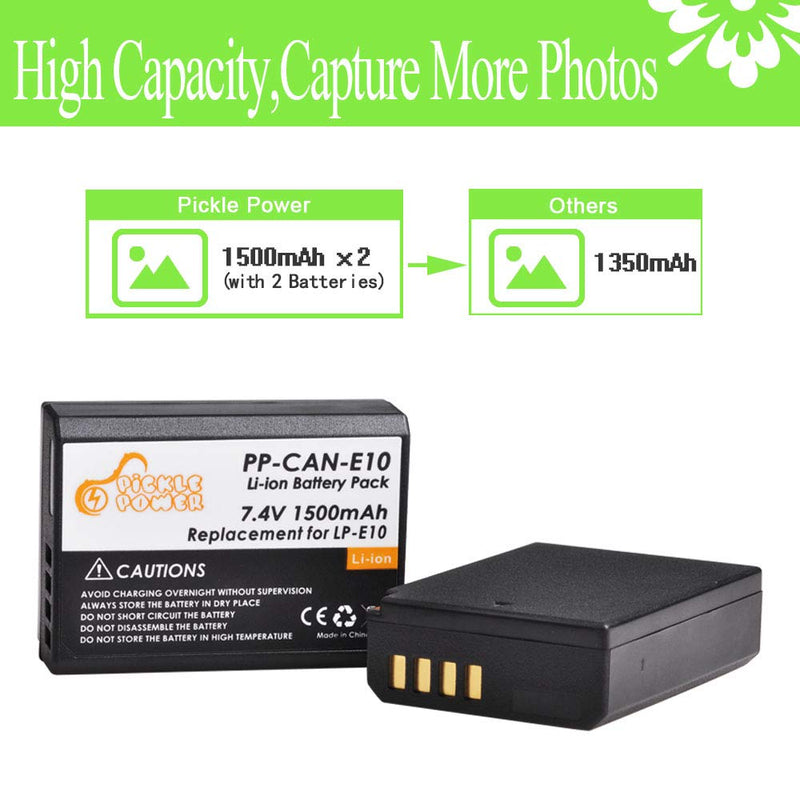 Pickle Power 2-Pack LP-E10 Battery and LED Dual USB Battery Charger Replacement for Canon EOS Rebel T3, T5, T6, T7, Kiss X50, Kiss X70, EOS 1100D, EOS 1200D, EOS 1300D, EOS 2000D,EOS 3000D,EOS 4000D