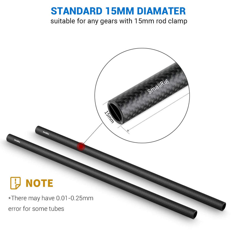 SMALLRIG 15mm Carbon Fiber Rod for 15mm Rod Support System (Non-Thread), 12 inches Long, Pack of 2 - 851 Carbon Fiber Rod - 12"