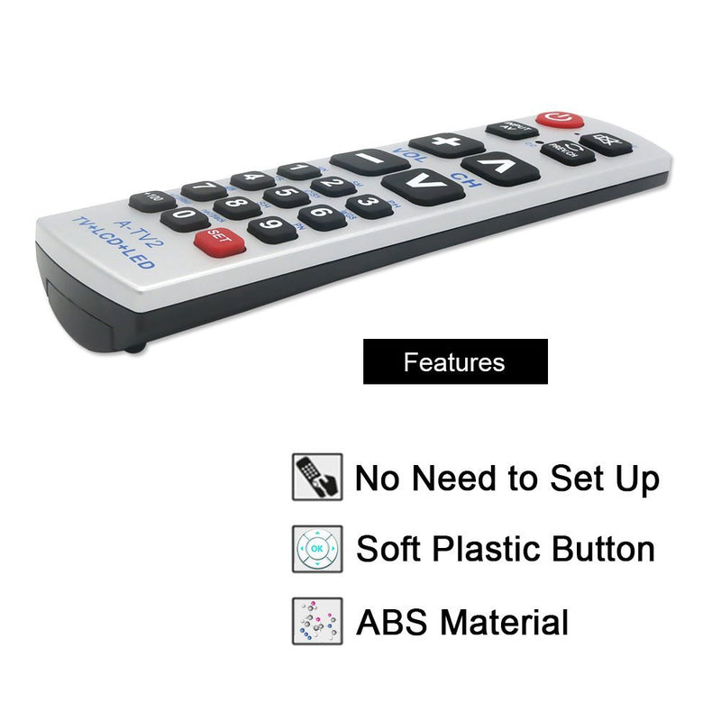 LuckyStar Big Button Universal Remote Control A-TV2, Initial Setting for Lg, Vizio, Sharp, Zenith, Panasonic, Philips, RCA - Put Battery to Work, No Program Needed