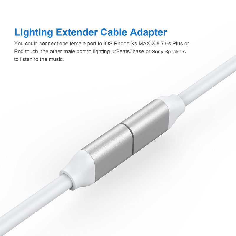 EMATETEK iOS Extender Cable Male to Female Pass Audio Video Music Data and Power Charge. 1PCS iOS Extension Cord Adapter Made of White TPE and Sliver Aluminum. (3.3Ft / 1M)