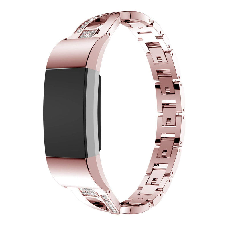 AIIKO Replacement for Fitbit Charge 2 Bands for Women Metal Bangle/Bracelet/Assesories/Straps/Wrist Band Link Bracelet with Crystal Rhinestone Diamond Bling for Fitbit Charge hr 2 Women-Rose Pink