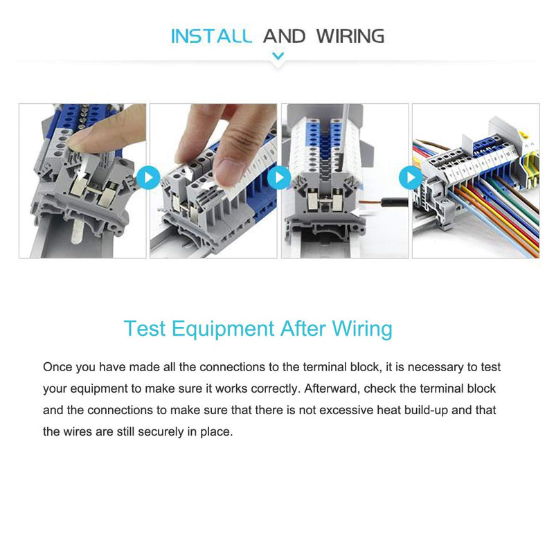 Erayco DIN Rail Terminal Blocks Kit, 20Pcs UK5N 10 AWG Terminal Blocks, 2Pcs Ground Blocks, 2Pcs FBI-10-6 Terminal Fixed Bridge, 4Pcs E/UK End Brackets, 2Pcs D-UK3/10 End Covers, 1Pcs 8" aluminum RoHS