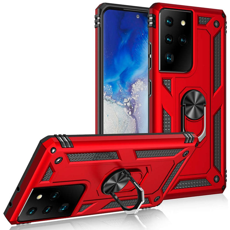 Military Grade Drop Impact for Samsung Galaxy S21 Ultra Case Galaxy S21 Ultra 5G Case 360 Metal Rotating Ring Kickstand Holder Armor Heavy Duty Shockproof Case for Galaxy S21 Ultra Phone Case (Red) Red