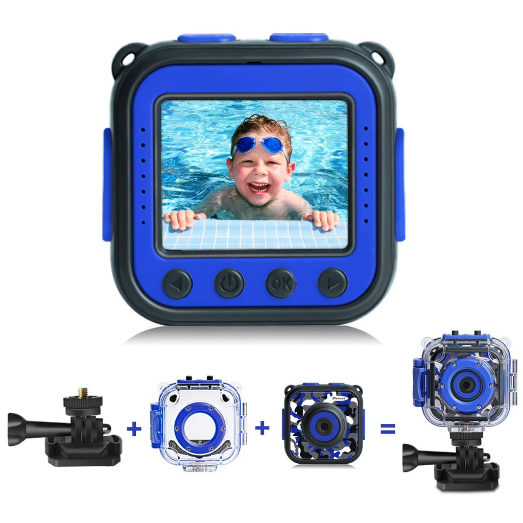 [Upgraded] PROGRACE Kids Waterproof Camera Action Video Digital Camera 1080 HD Camcorder for Boys Toys Gifts Build-in Game(Blue) Blue