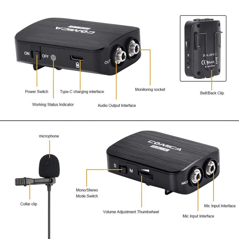 [AUSTRALIA] - Comica CVM-D03 Dual Lavalier Lapel Microphone with Mono/Stereo Sound, Volume Adjustment, Real-time Monitoring, Portable Clip-on mic for Video Recording, Interview,Cameras,Computer &Smartphone 