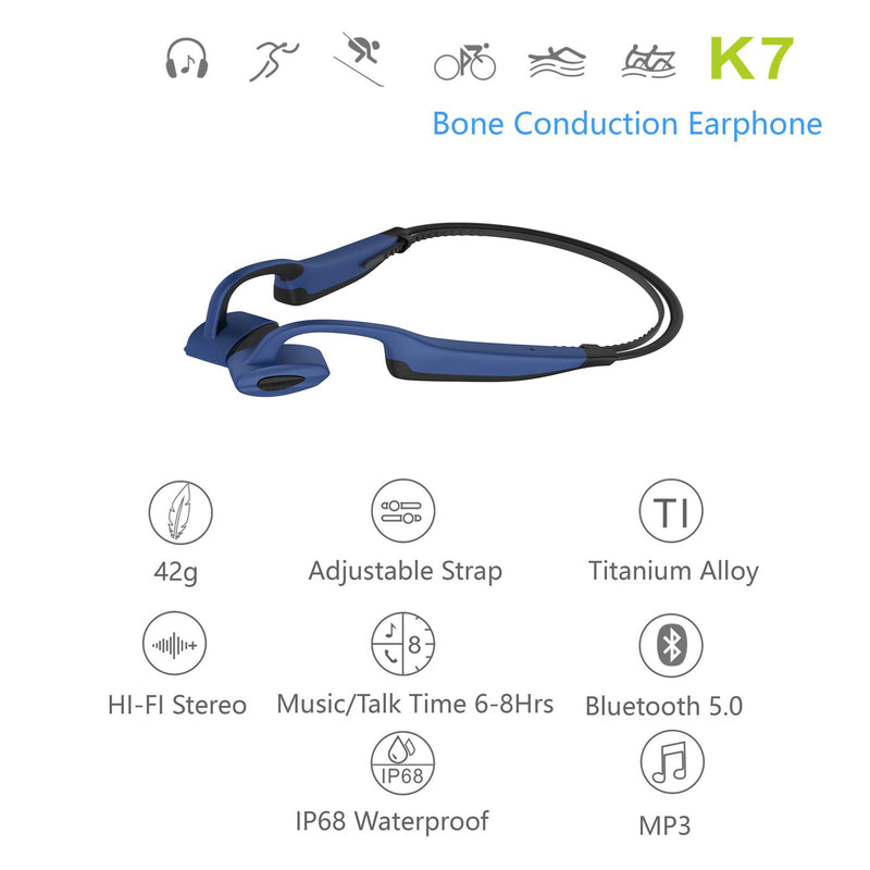 Wireless Headphones Bluetooth, SUDROID Bone Conduction Earphones Waterproof Headset Underwater Open Ear Hi-Fi Stereo Sound for Cycling Running Gym, Blue