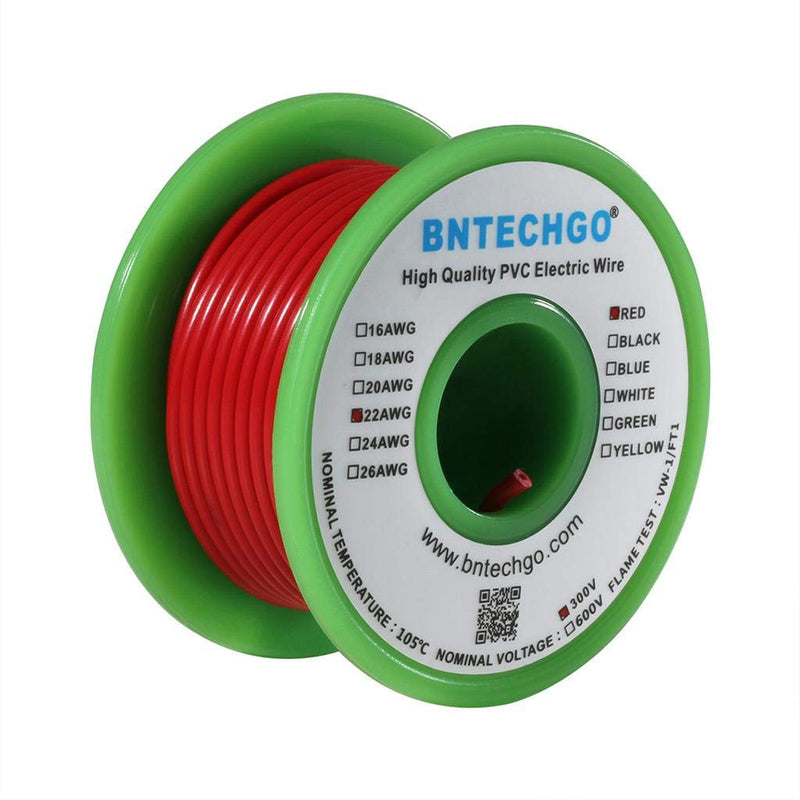 BNTECHGO 22 Gauge PVC 1007 Solid Electric Wire Red 25 ft 22 AWG 1007 Hook Up Tinned Copper Wire 22 Gauge PVC Solid Wire 25ft 22 Gauge PVC Solid Wire red
