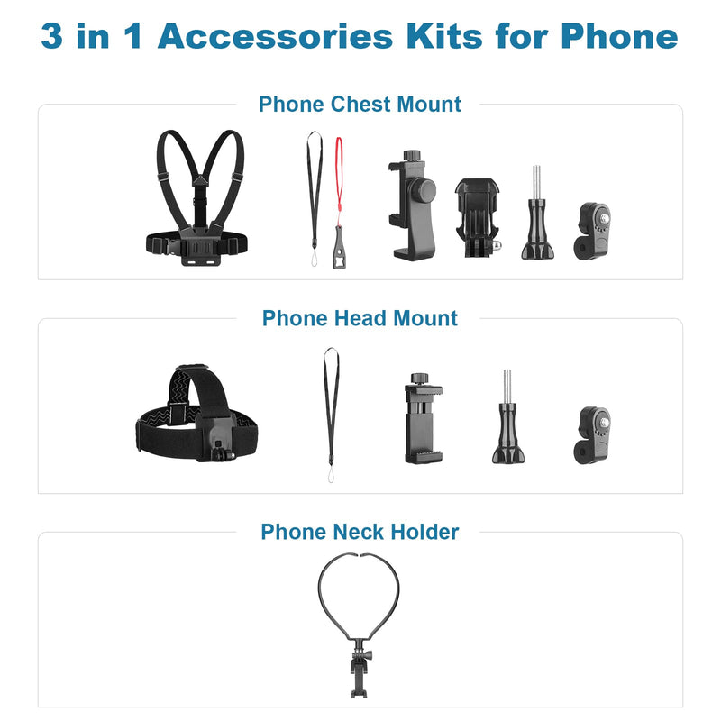 Phone Strap Mount Set,ChromLives Phone Chest Strap Mount +Phone Head Mount +Phone Neck Holder,3 in 1 Hands Free Phone Holder for Neck Head Chest Compatible with iPhone,Gopro Hero and More black