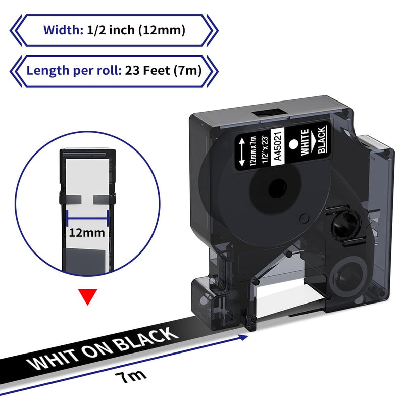 COLORWING Compatible Dymo White on Black Label Tape D1 45021 Permanent Polyester Label Maker Refills S0720610, 1/2Inch x 23Ft, for Dymo LabelManager 160 210D 280 360, 3-Pack