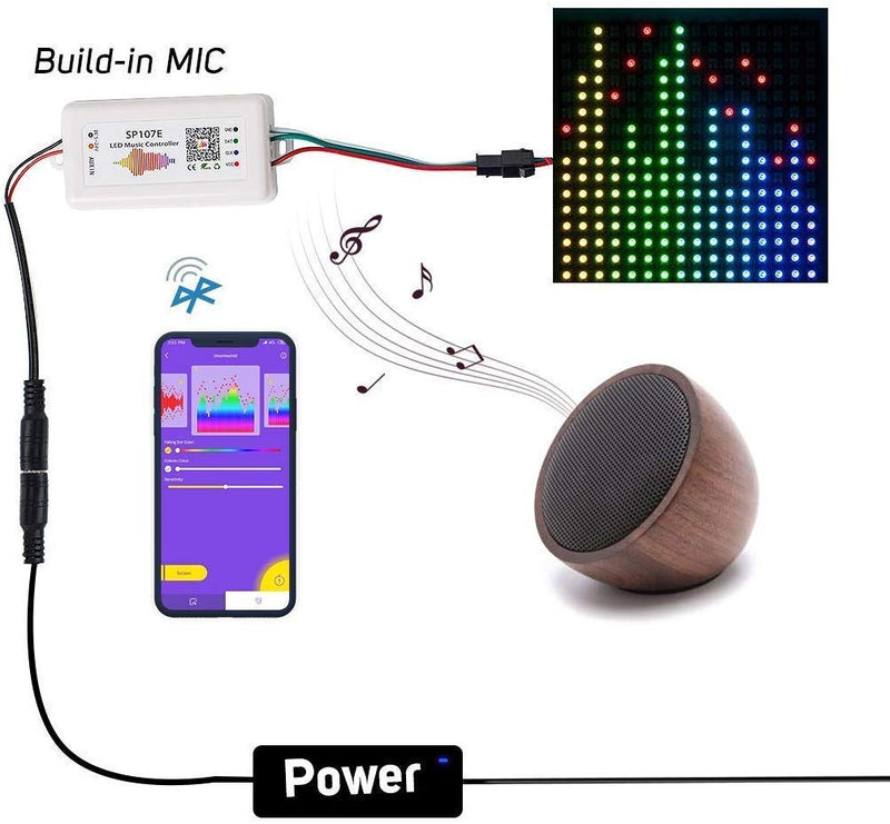 VIPMOON SP107E Bluetooth LED Music Controller Full Color Controller iOS/Andriod App Control Support WS2811 WS2812B WS2801 SK6812 Suitable for LED Strip or LED Matrix Panel