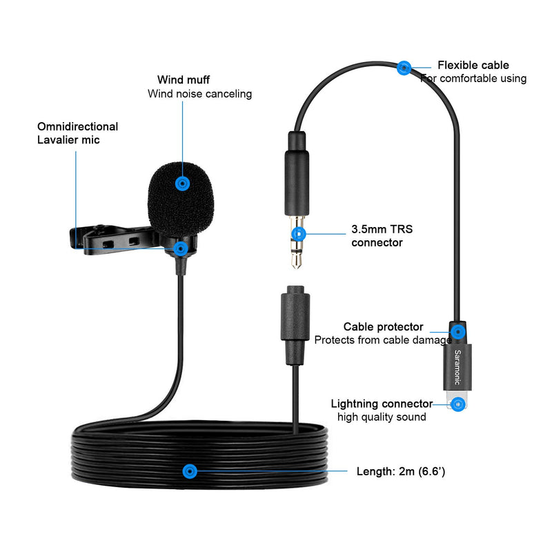 [AUSTRALIA] - Lavalier Lightning Microphone, Saramonic LavMicro U1A Universal Lapel Mic with Detachable Lightning Plug Adapter Compatible with iPhone 11 10 X 8 7 MAC iPad YouTube Video Facebook Live (2M) 