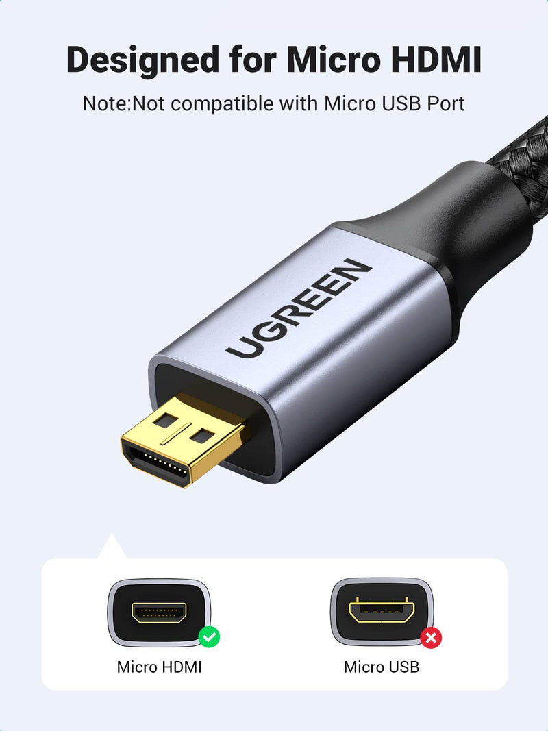 UGREEN 4K 60Hz Micro HDMI to HDMI Cable 6.6FT, Aluminum Shell Braided Micro HDMI 2.0 Cord Support HDR 3D ARC High Speed 18Gbps Compatible with Hero 7 6 5 Sony A6000 A6300 Camera Nikon B500 Yoga 3 Pro