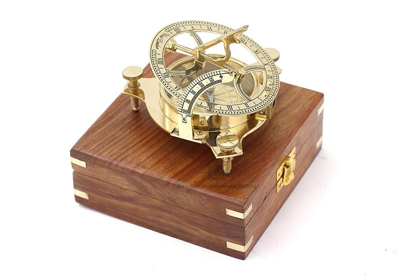 Roorkee Instruments India Ideas for Men/Vintage Shinny Brass Compass with Wooden Box/West London Directional Magnetic Compass for Navigation/Sundial Pocket Compass for Camping, Hiking, Touring …