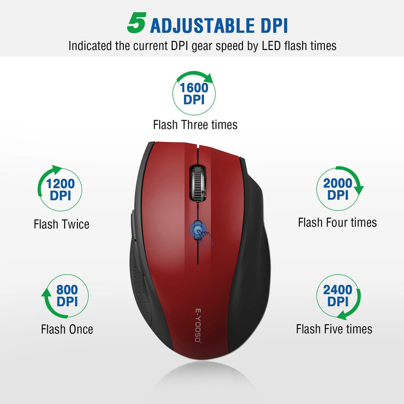 Wireless Mouse, E-YOOSO Computer Mouse 5 Adjustable DPI 6 Buttons Cordless Mouse Wireless Optical Mice with USB Nano Receiver, 2.4G Portable Ergonomic Wireless Mouse for Laptop/Windows/Mac(Red) Red