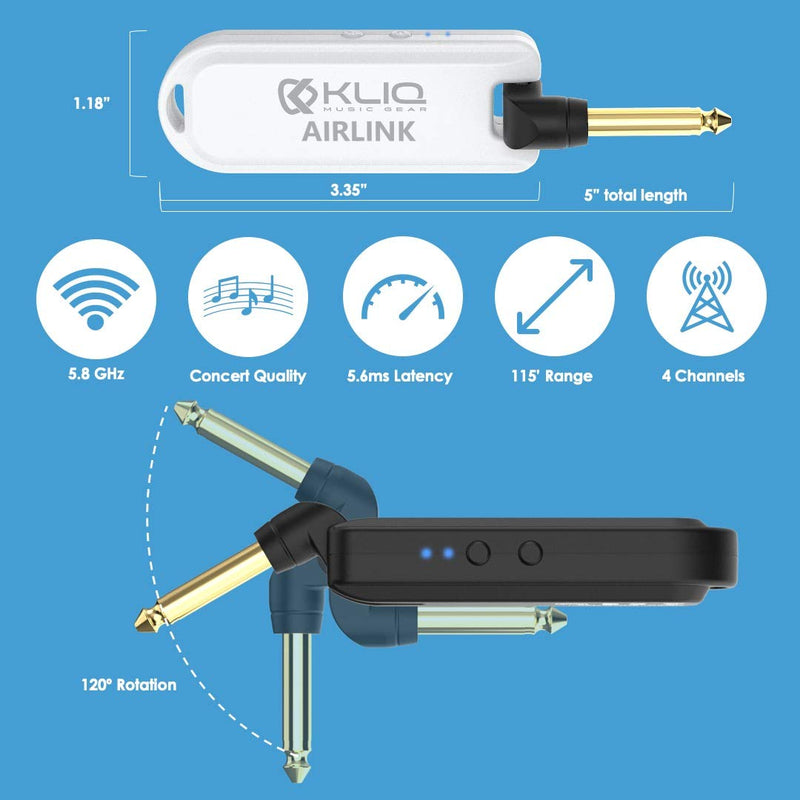 [AUSTRALIA] - KLIQ Airlink 5.8 GHz Rechargeable Wireless Audio System designed for Electric Guitar, Bass and other Electric Instruments-Digital Transmitter/Receiver Set (5.8G Wireless) Black/White 