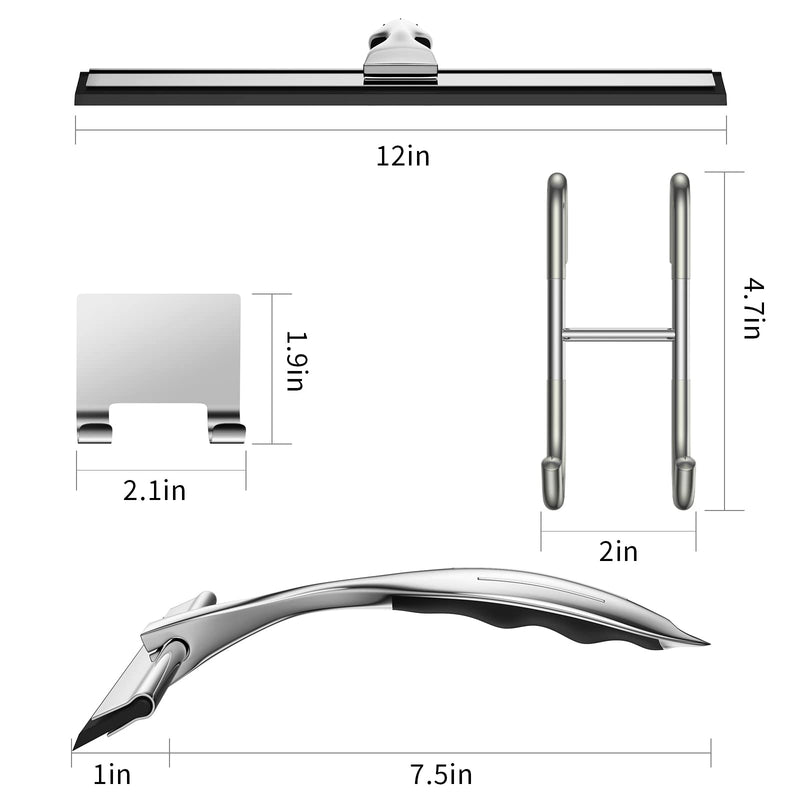Shower Squeegee for Glass Door 12-Inch Stainless Steel Bathroom Squeegee Window Wiper, Includes Shower Door Hook, Adhesive Hook, and Spare Silicone Blade for Window Mirror Car All-Purpose Squeegee Silver