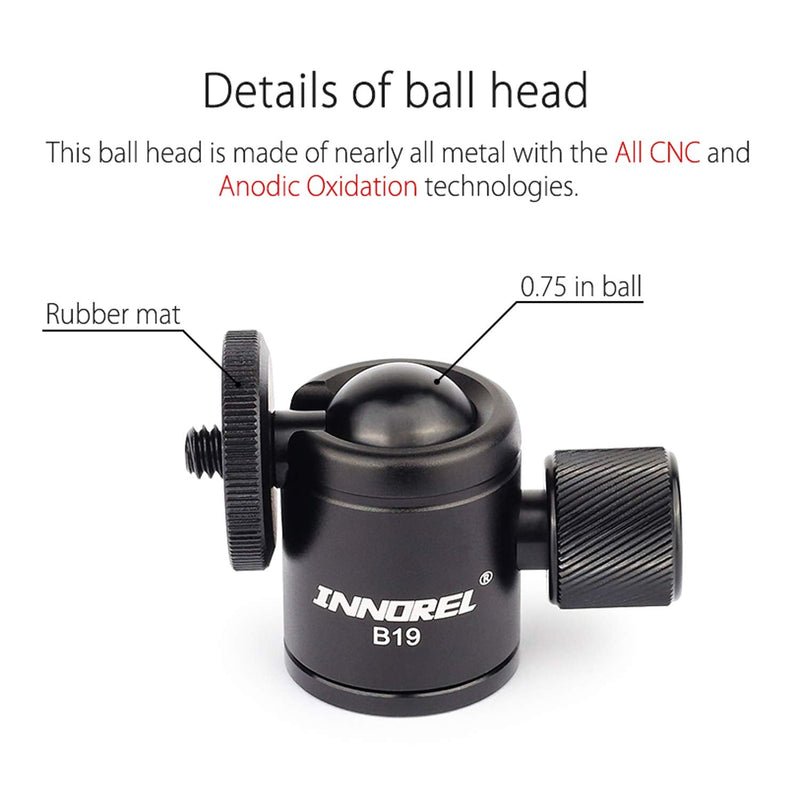 Mini Tripod Ball Head-INNOREL B19 Mount Head-Metal Ballhead 360° Pan 90° Tilt Tripods Mount with 3/8" to 1/4" Adapter CNC Ballheads,Max Load 6.61 lb for Phone/DLSR Camera/Mini Holder (1 Piece) 1 piece